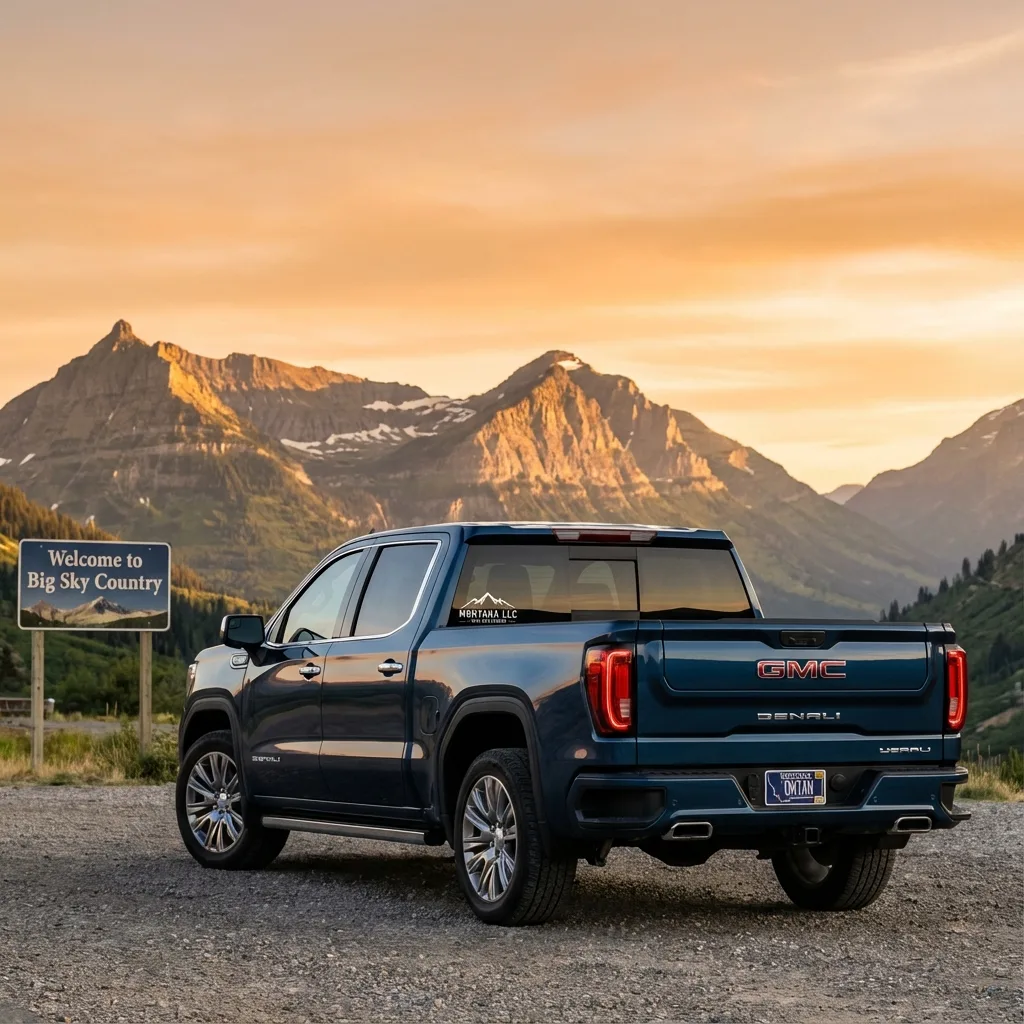 Luxury truck with Montana license plates in front of mountains representing tax savings
