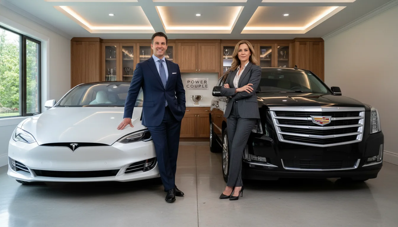 Professional couple with Tesla Model S and Cadillac Escalade in luxury garage