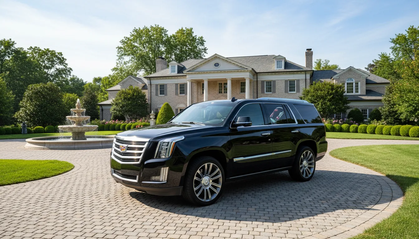 Black Cadillac Escalade luxury SUV at Potomac Maryland mansion