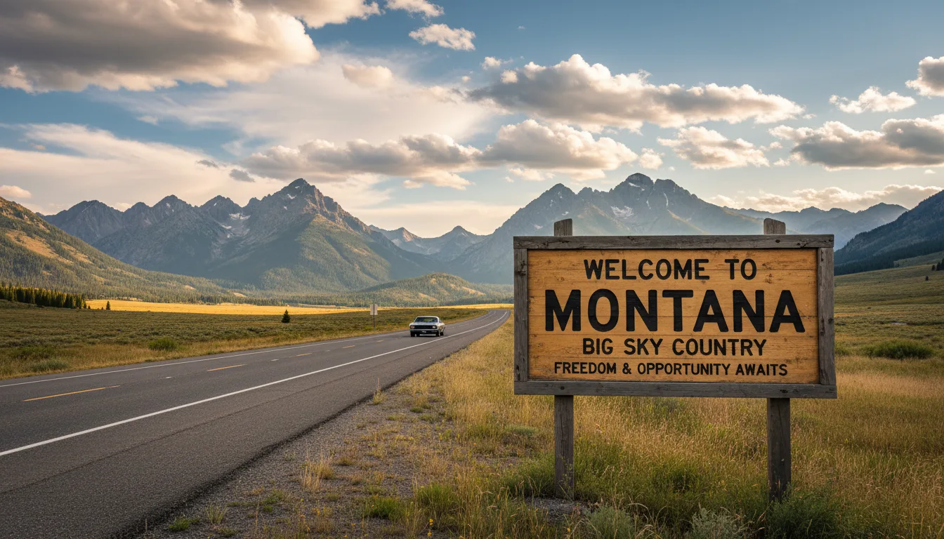Welcome to Montana road sign with mountain landscape representing tax-free vehicle registration