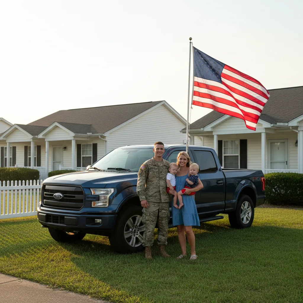 Military service member with family and pickup truck at base housing