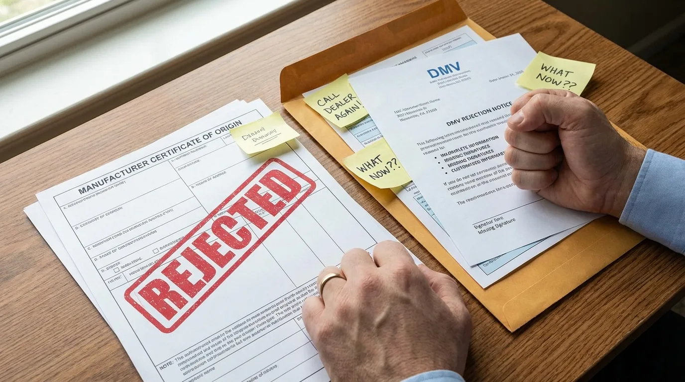 Rejected certificate of origin mistakes with DMV rejection stamp