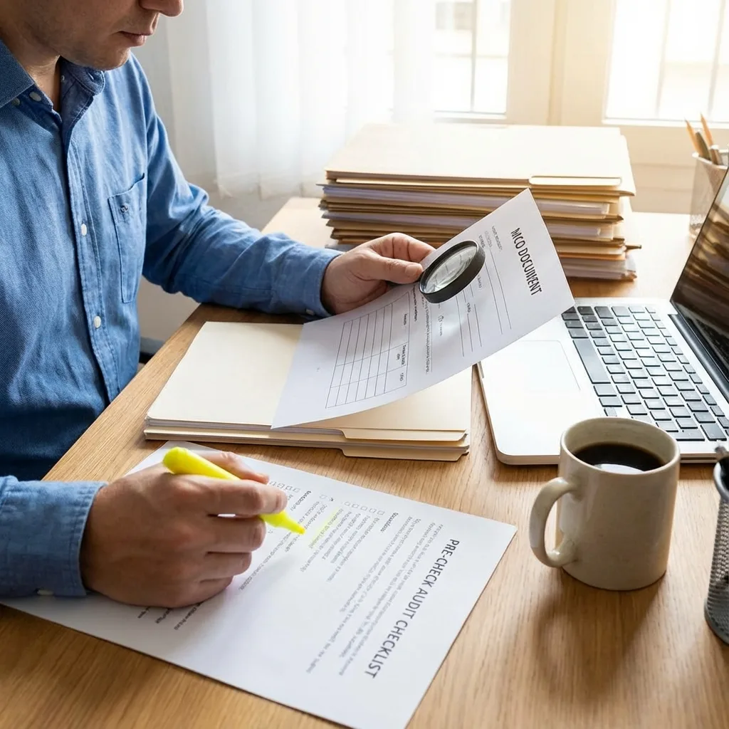 Person reviewing certificate of origin for mistakes with checklist