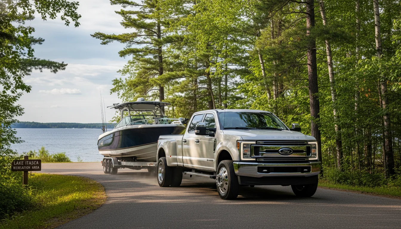 Ford F-350 Platinum truck towing boat on Minnesota lake road
