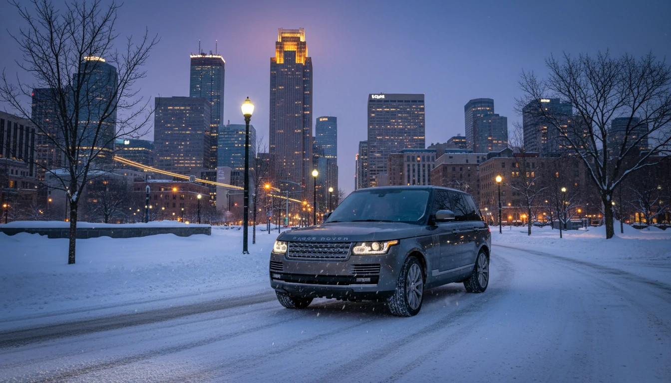 Luxury SUV driving through snowy Minneapolis downtown skyline