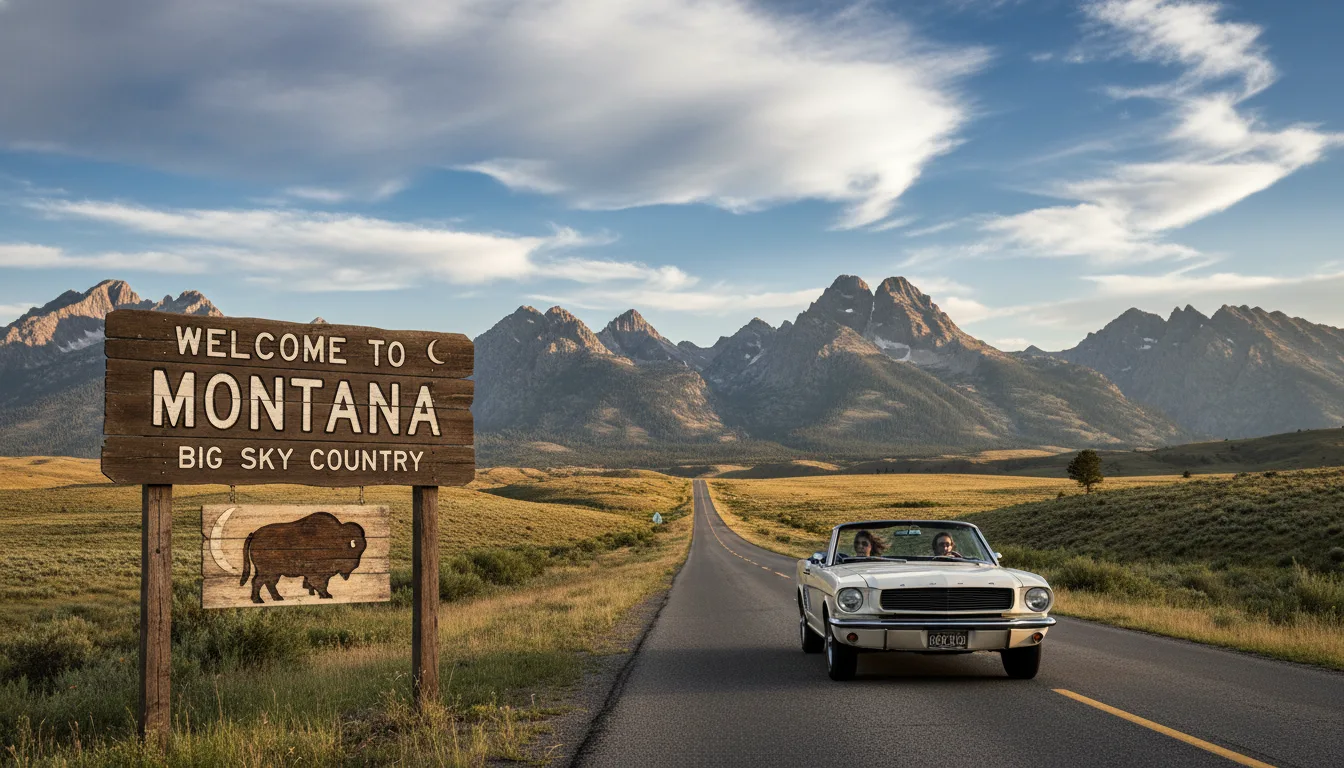 Welcome to Montana road sign representing tax-free vehicle registration
