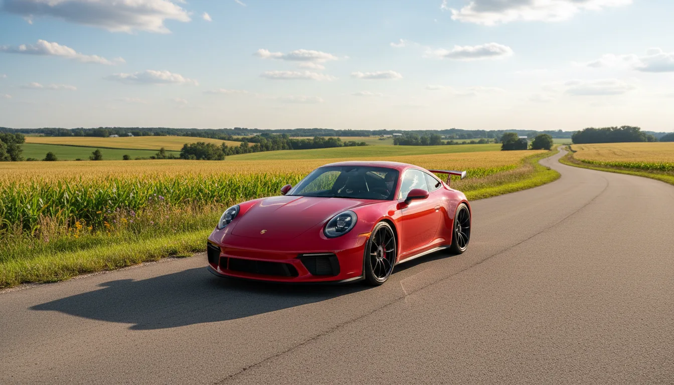 Red Porsche 911 sports car on scenic Minnesota summer road
