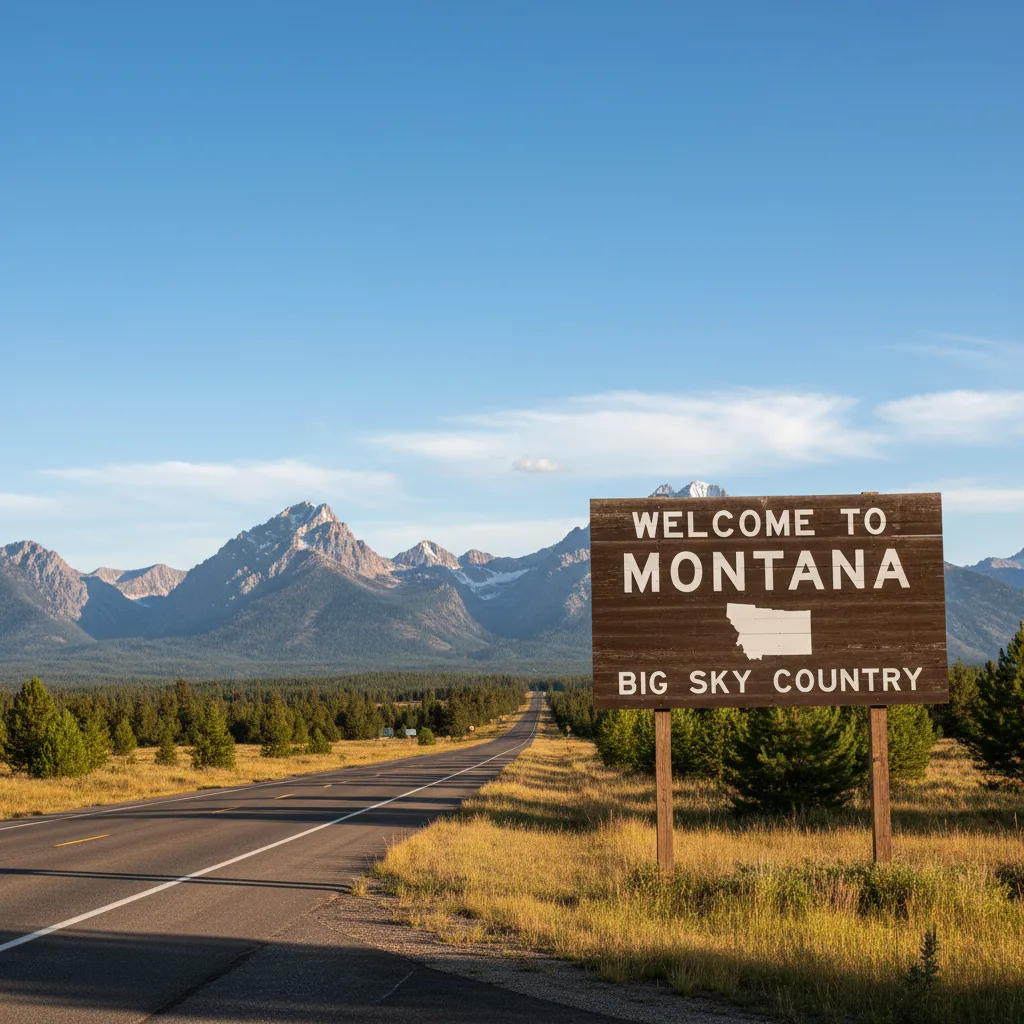 Welcome to Montana sign with mountains and open road