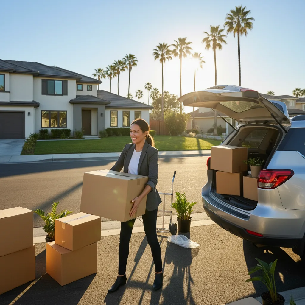 Young professional loading moving boxes into car relocating to California