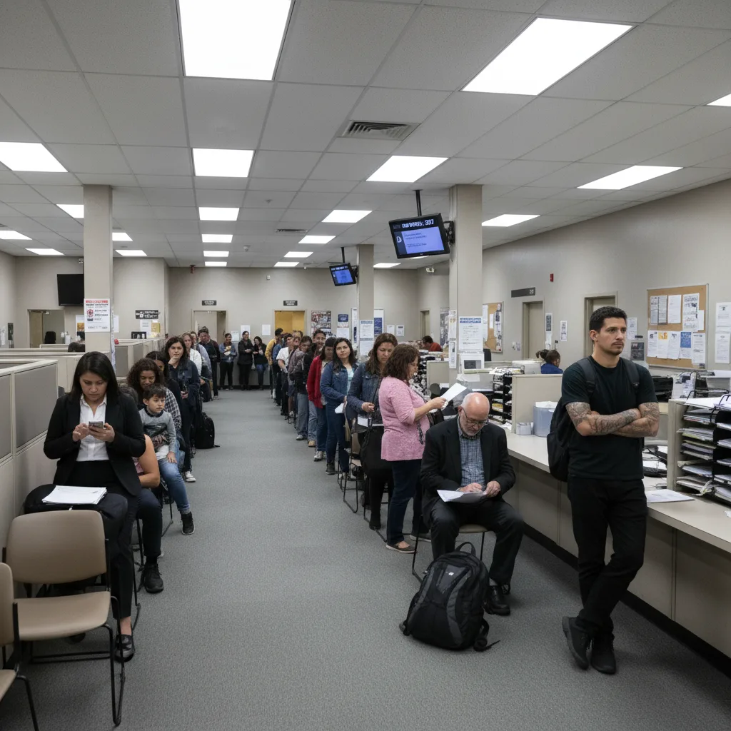 Long frustrating line of people waiting at California DMV office