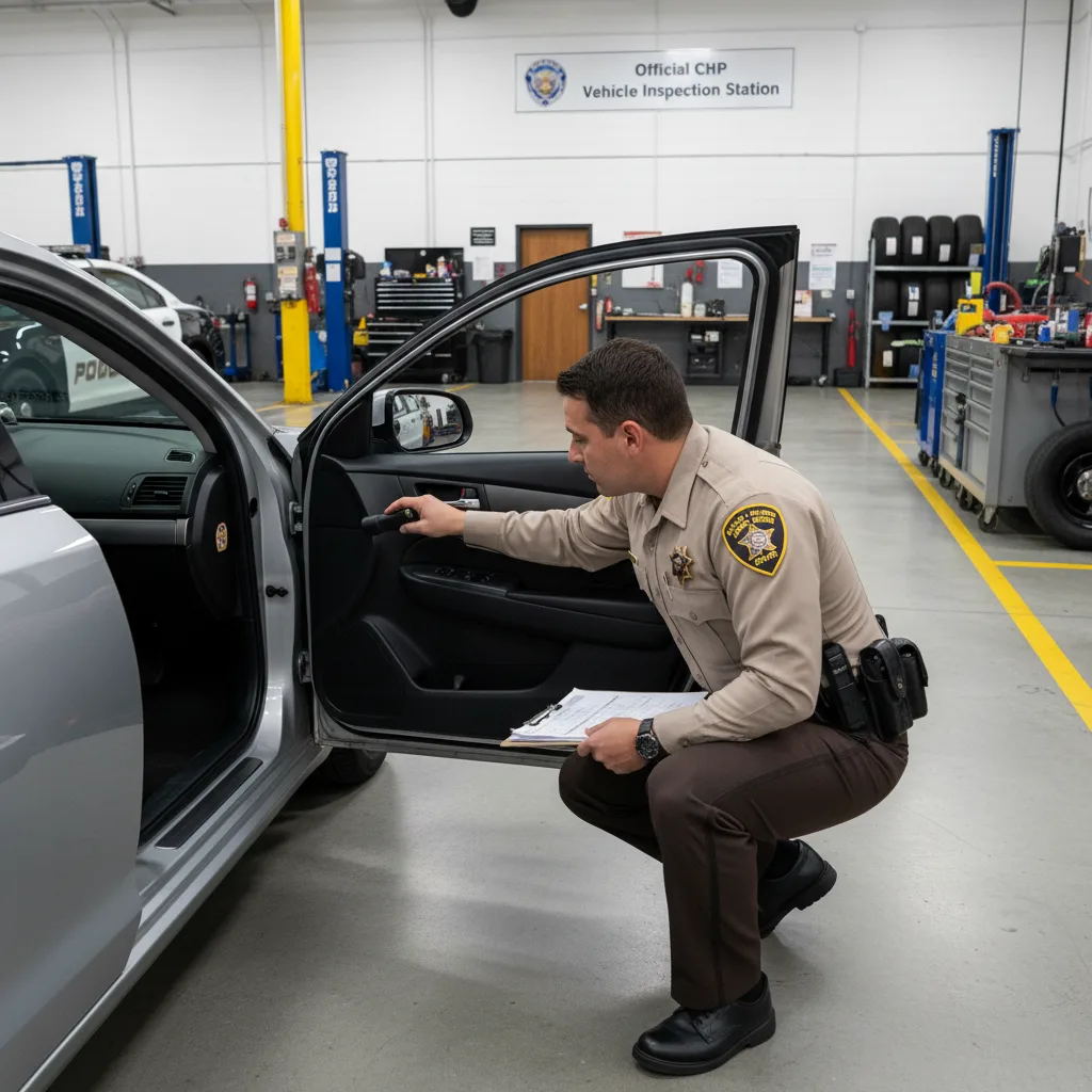 California Highway Patrol officer inspecting car VIN number