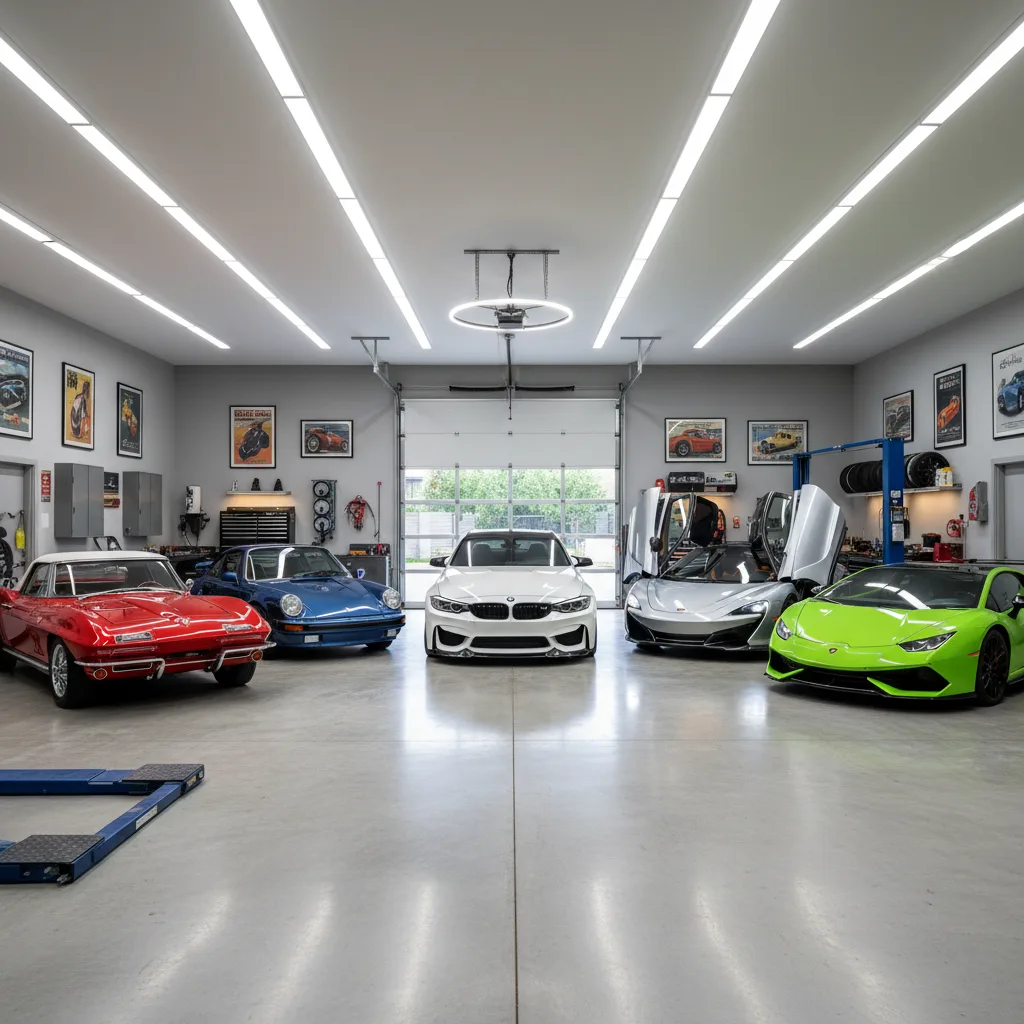 Enthusiast car collection in private garage including classics and BMW M3