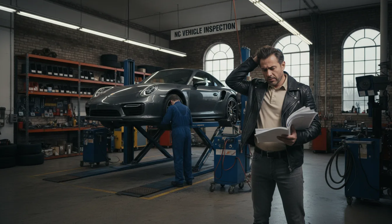 Frustrated owner waiting at North Carolina DMV inspection station
