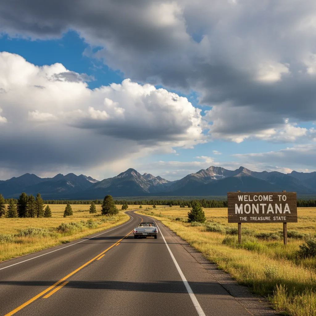 Montana highway with Welcome to Montana sign representing vehicle registration freedom