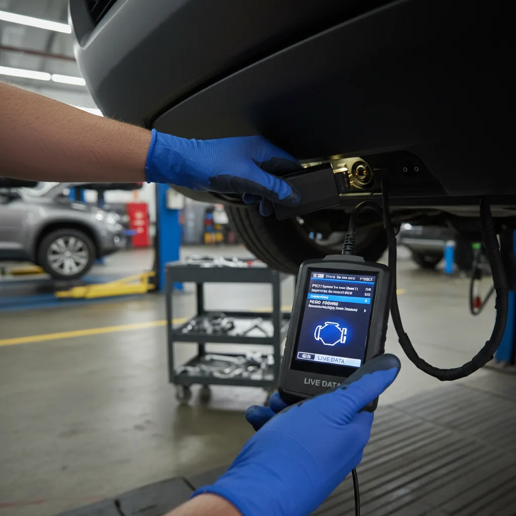 Mechanic connecting OBD2 diagnostic scanner for NC emissions test