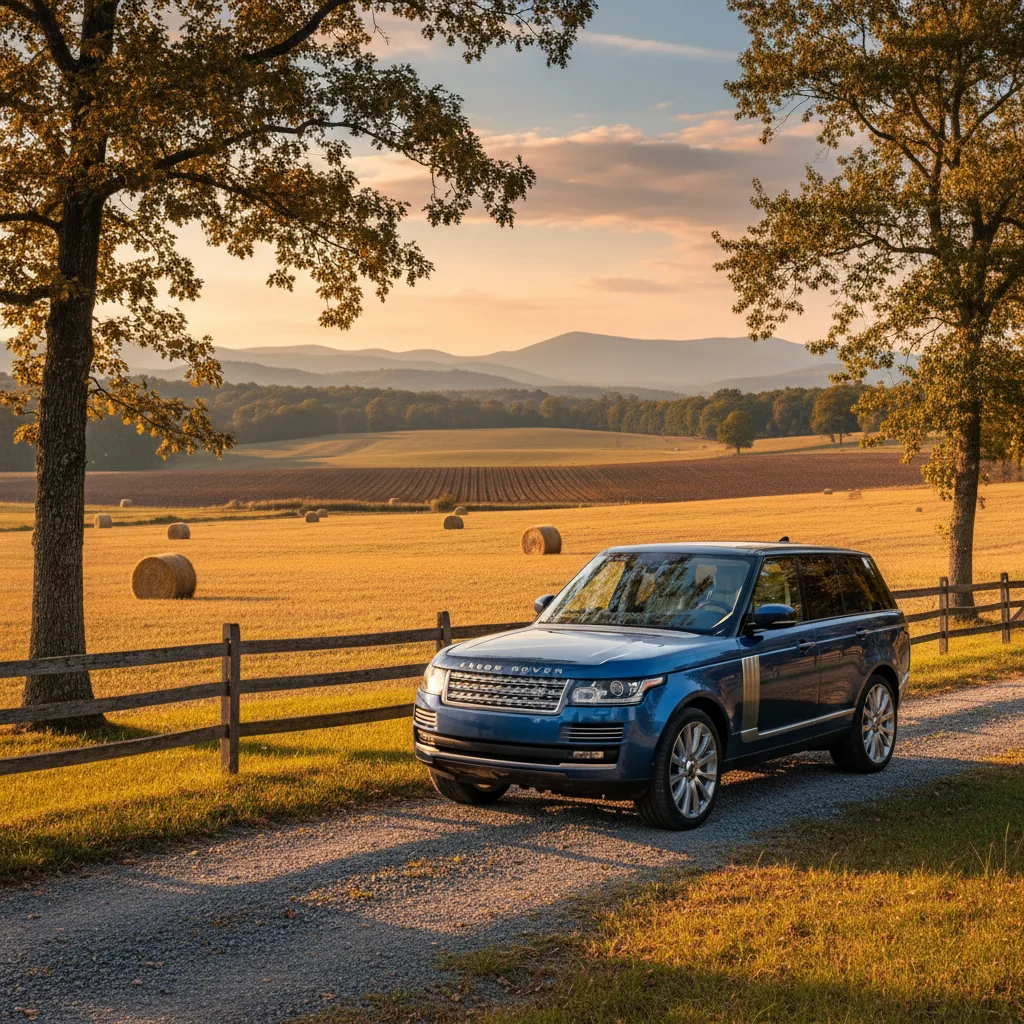 Range Rover SUV in rural NC with Blue Ridge Mountains