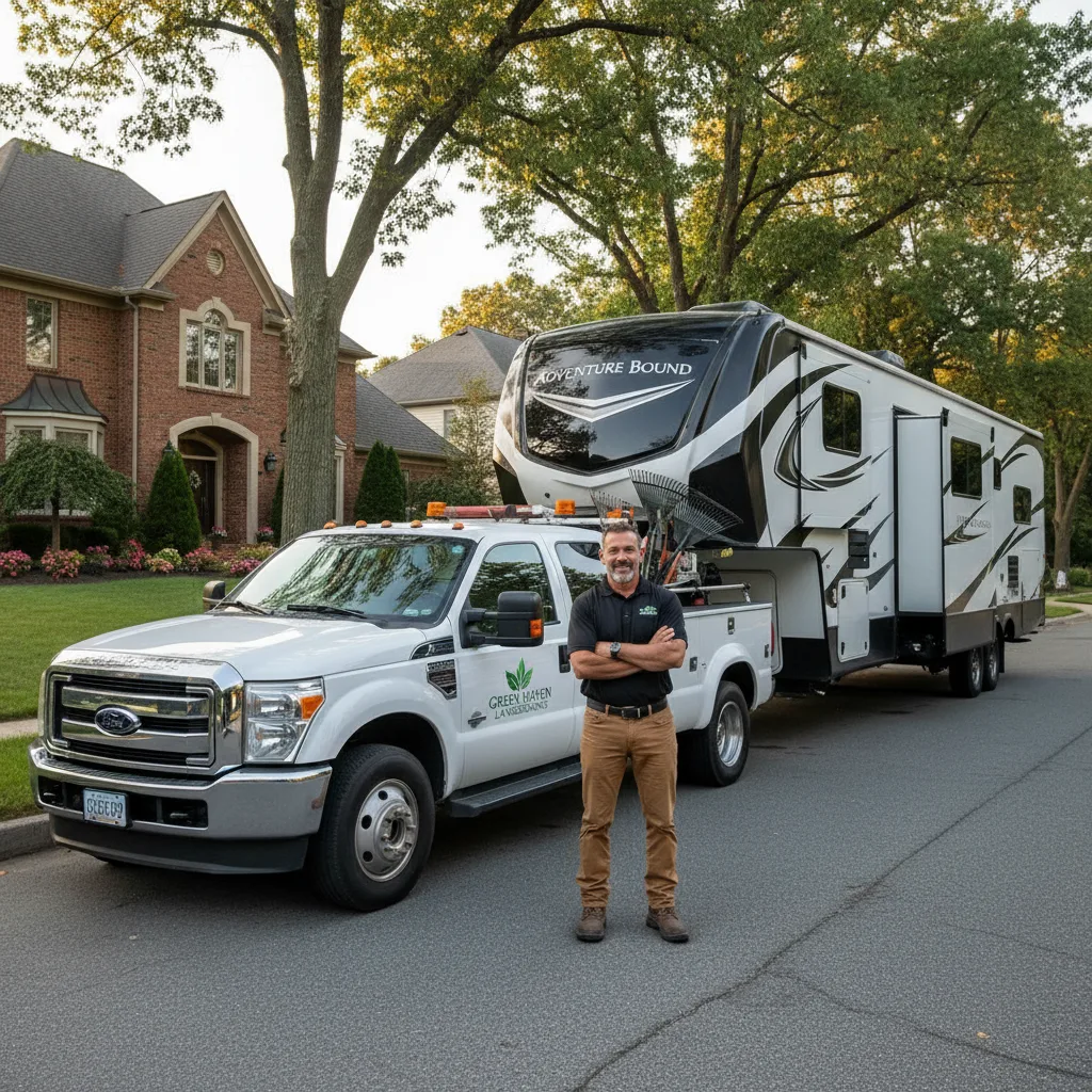 Tony from Maplewood landscaping business owner with work trucks