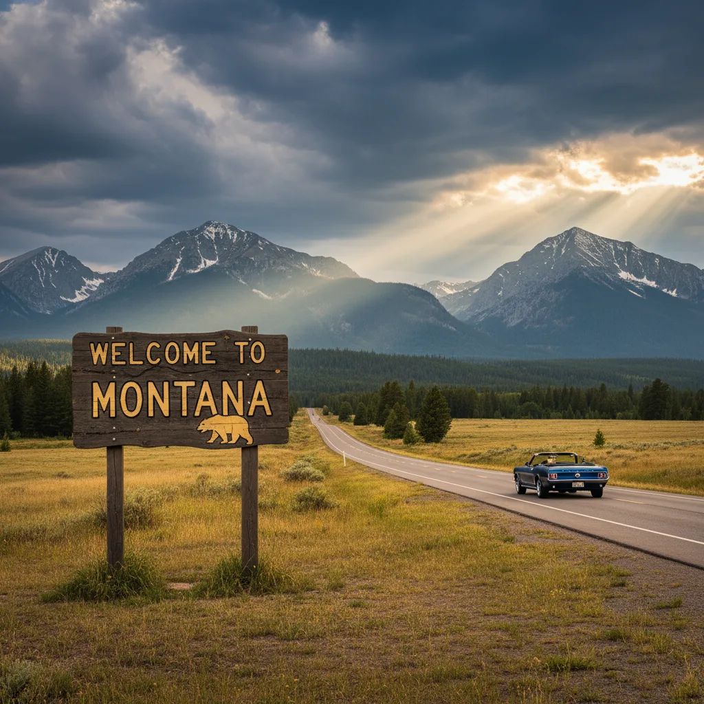 Welcome to Montana road sign representing vehicle tax freedom