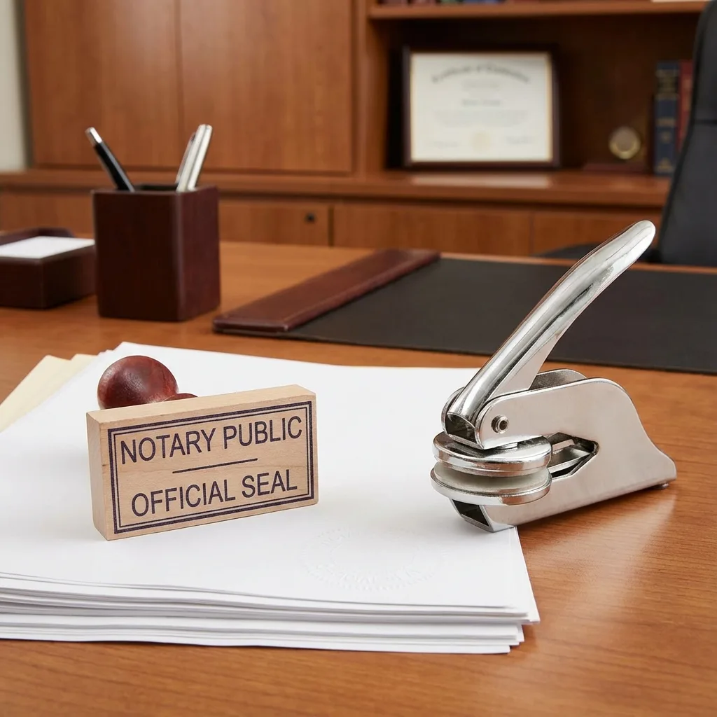 Notary public stamp and embosser for MCO document authentication