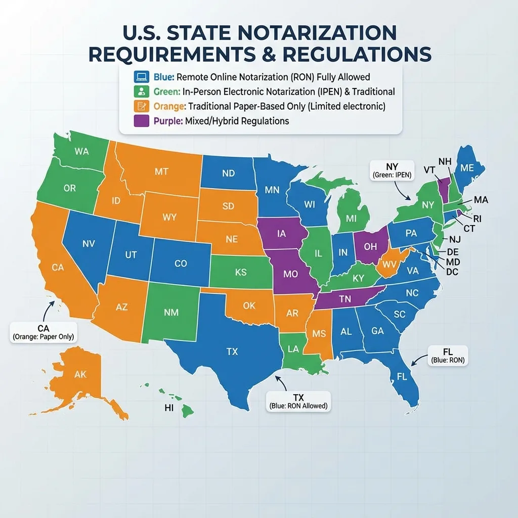US map showing state-by-state MCO notarization requirements
