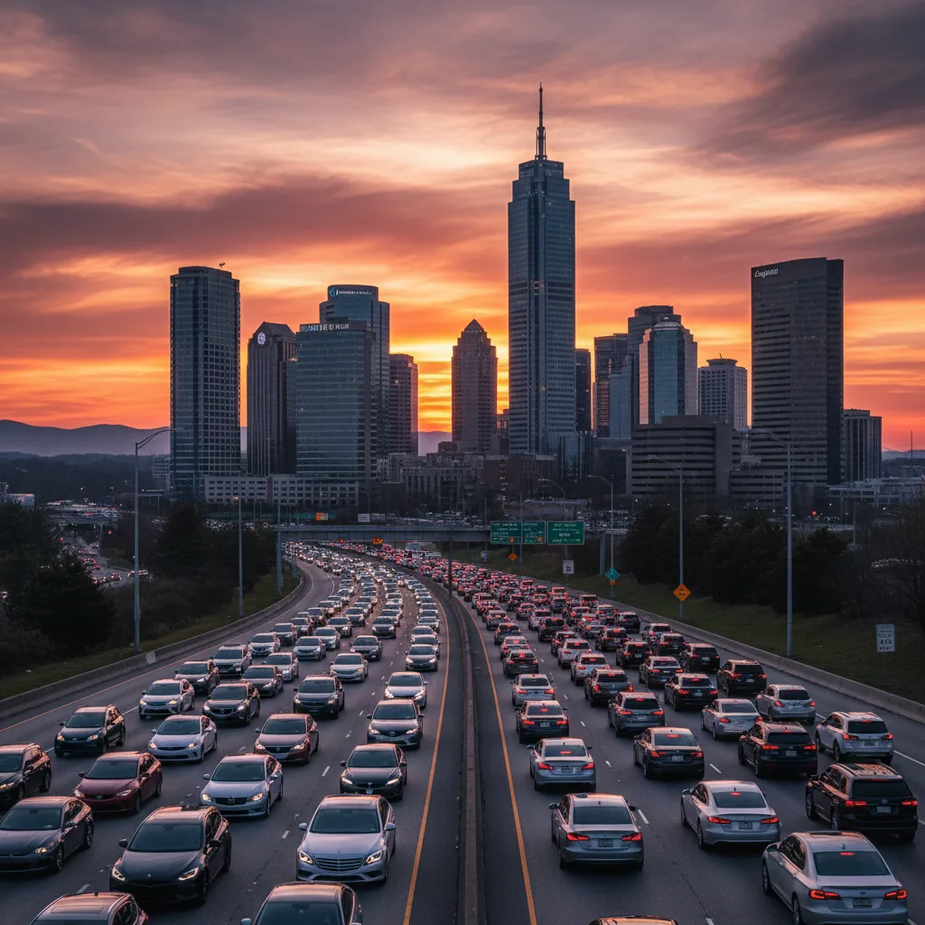 I-495 Beltway traffic jam in Northern Virginia with Tysons Corner skyline
