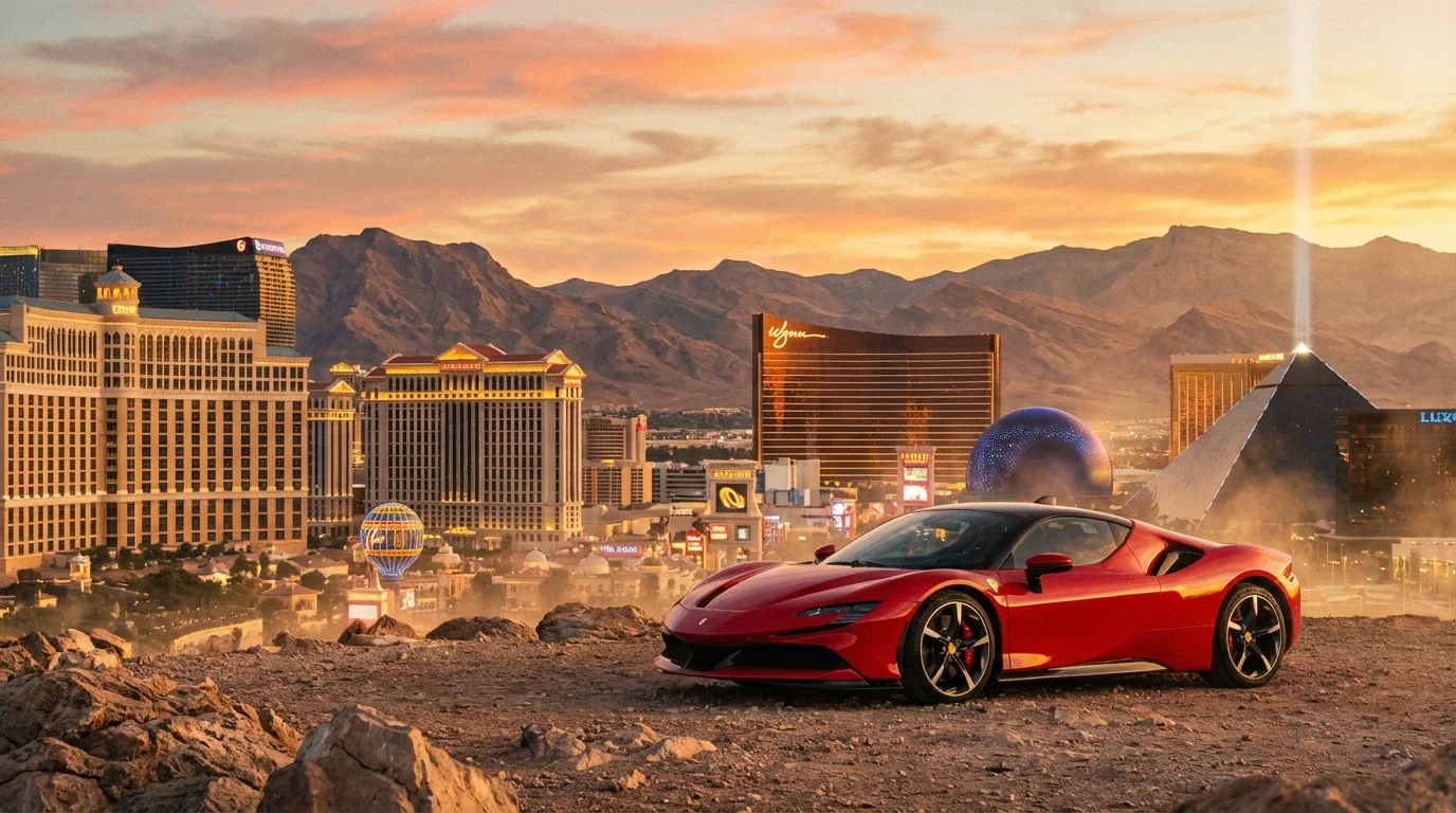 Red Ferrari with Las Vegas Strip skyline and desert mountains at golden hour