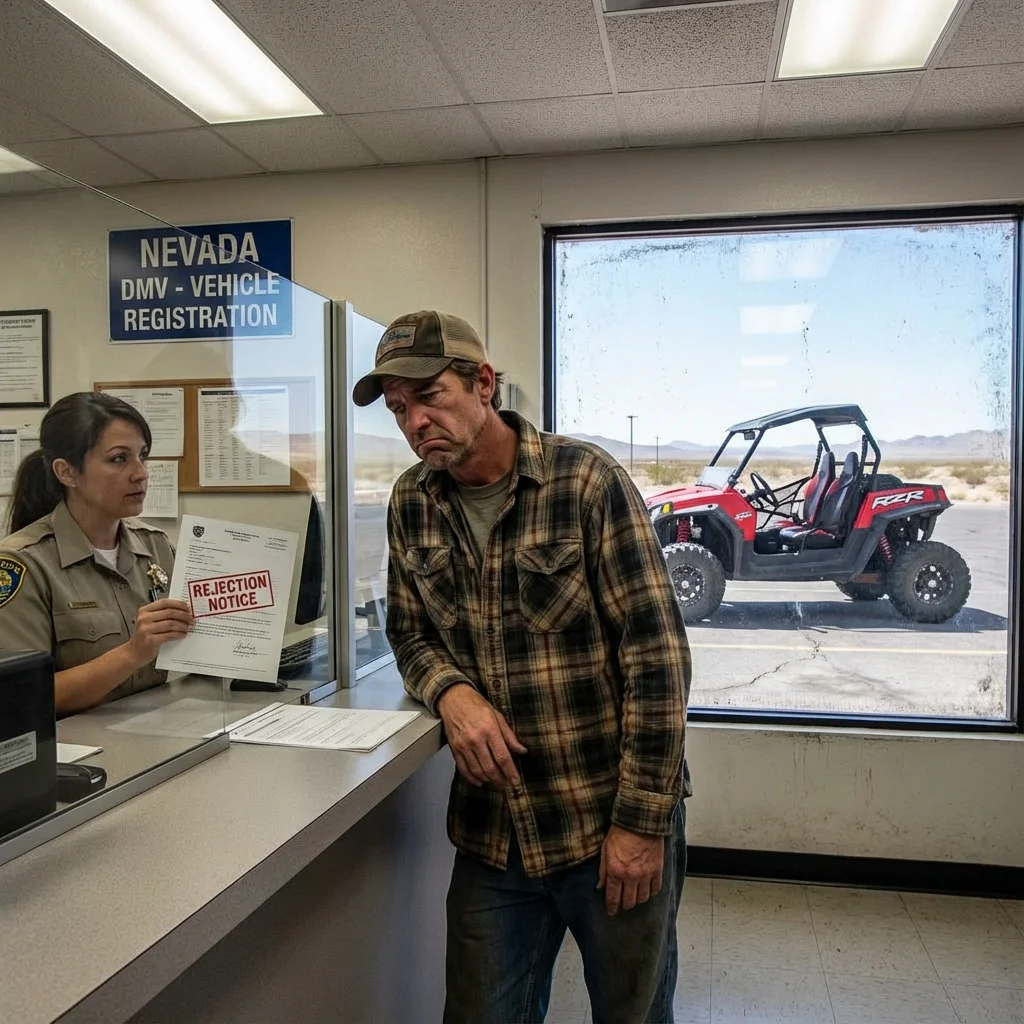 Frustrated UTV owner at Nevada DMV counter getting rejection