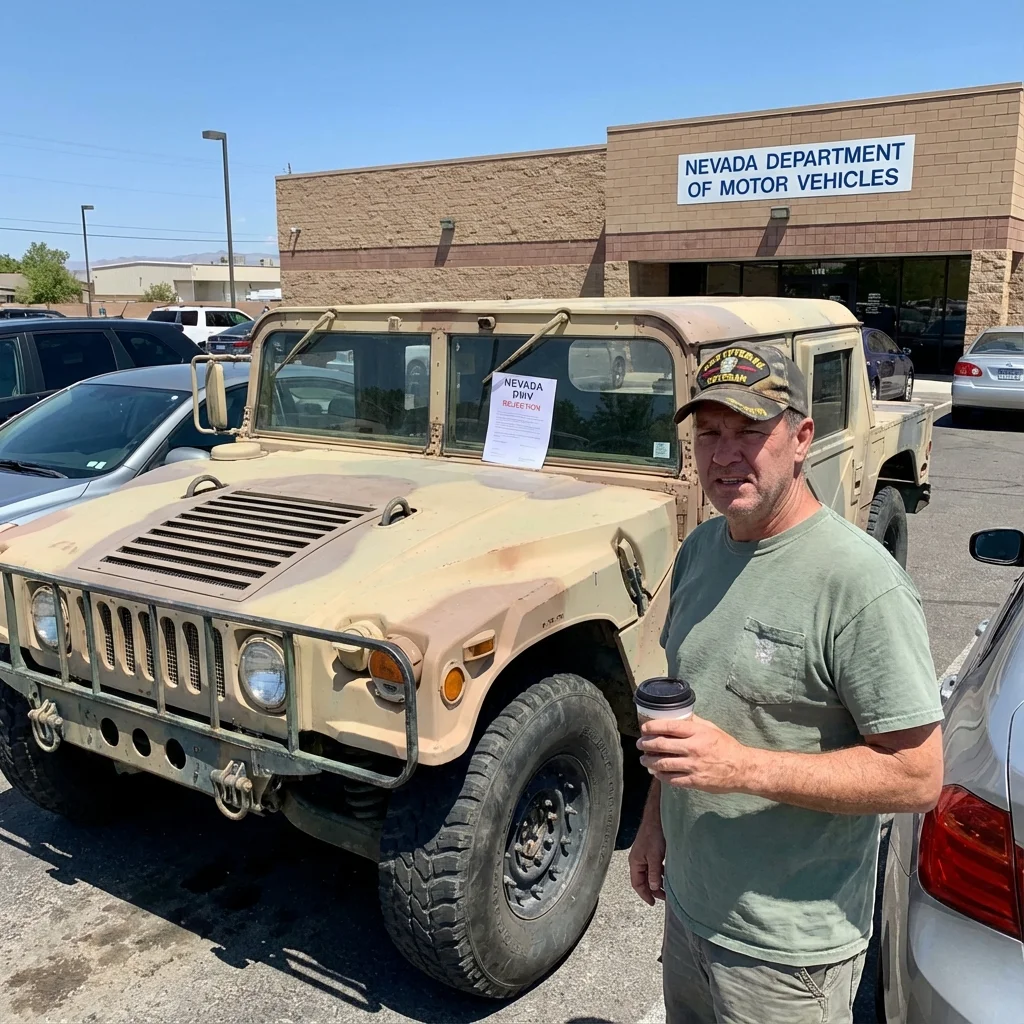 Military Humvee parked outside DMV building with owner looking at paperwork