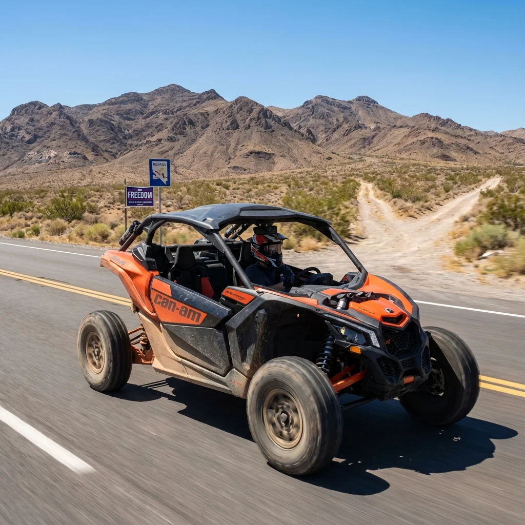 UTV driving on paved highway connecting two trailheads in Nevada desert