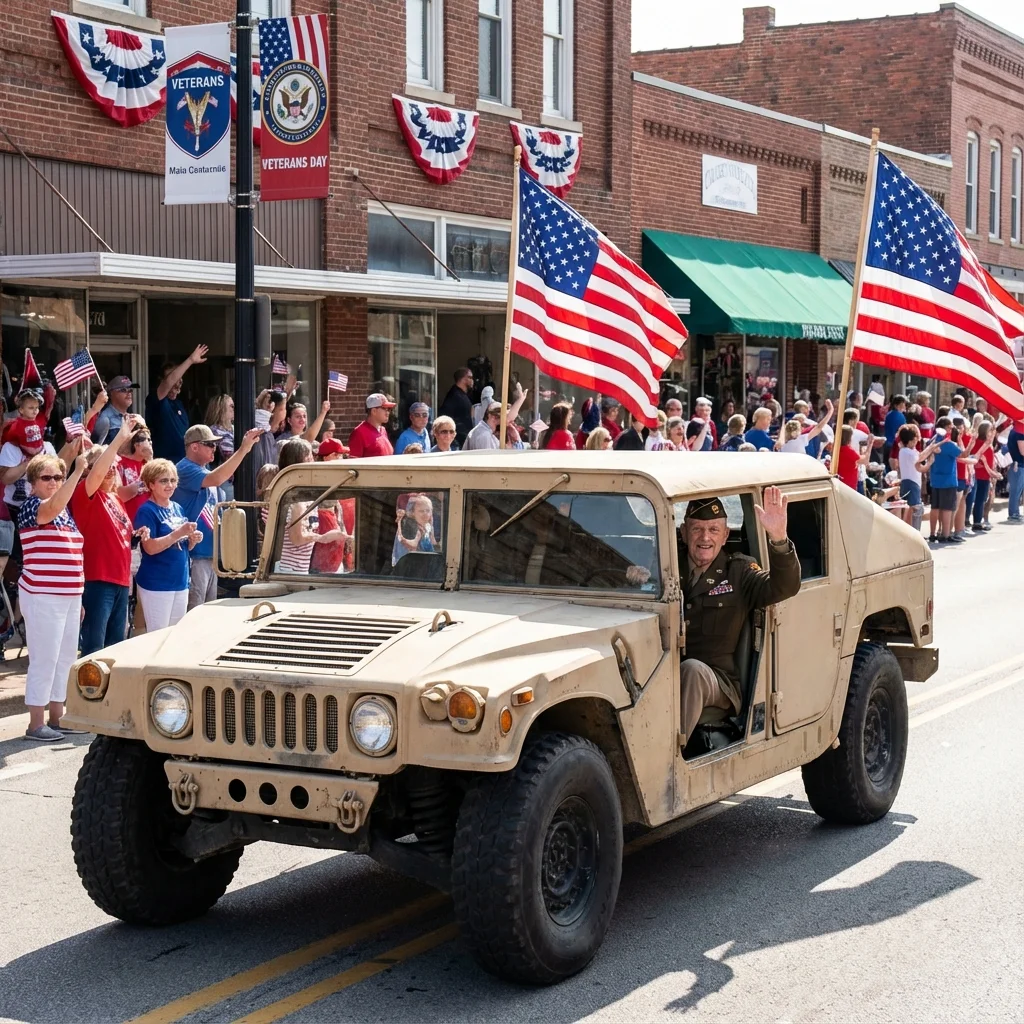 Military Humvee in Veterans Day parade with American flags