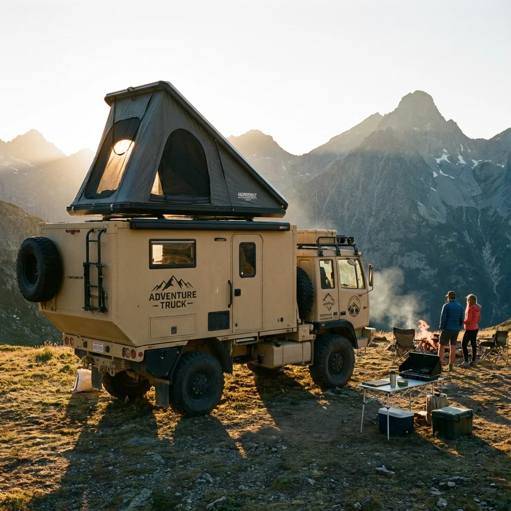 LMTV military truck converted to overlanding camper in desert landscape