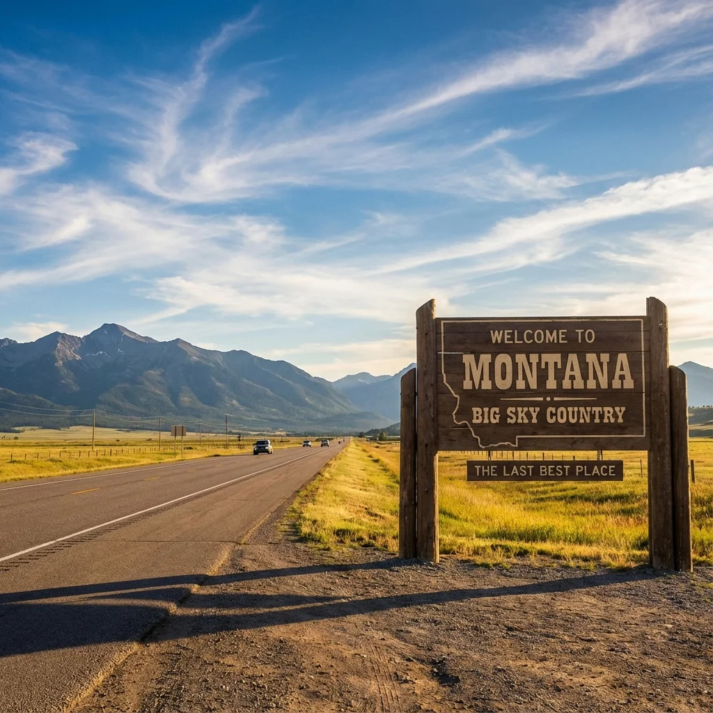 Welcome to Montana road sign with mountain landscape and open highway