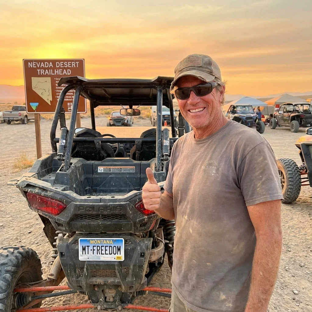 Happy UTV owner with Montana plates driving on Nevada highway