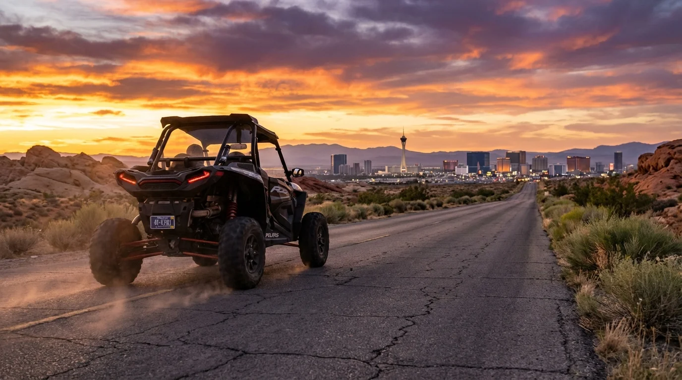 Nevada DMV rejection scene with UTV owner looking frustrated at counter