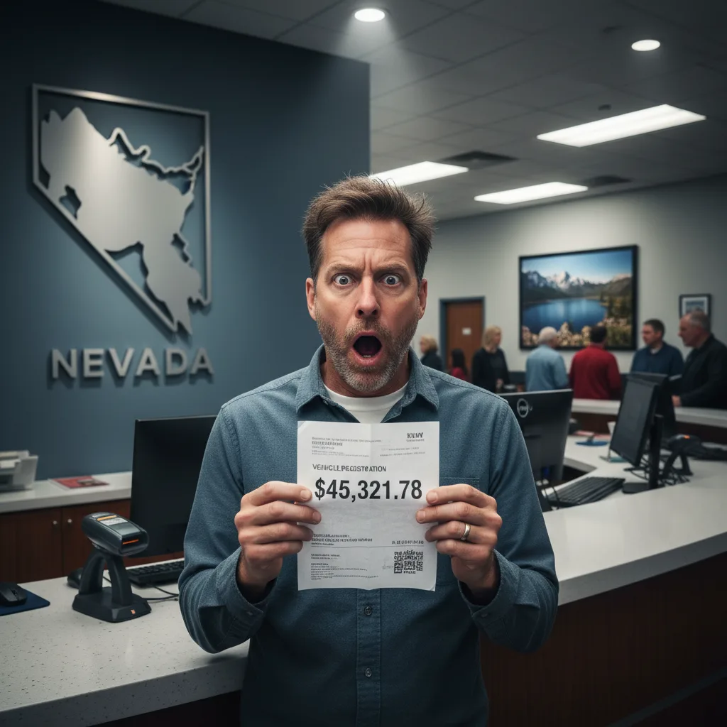 Person shocked at Nevada DMV counter seeing huge registration tax bill