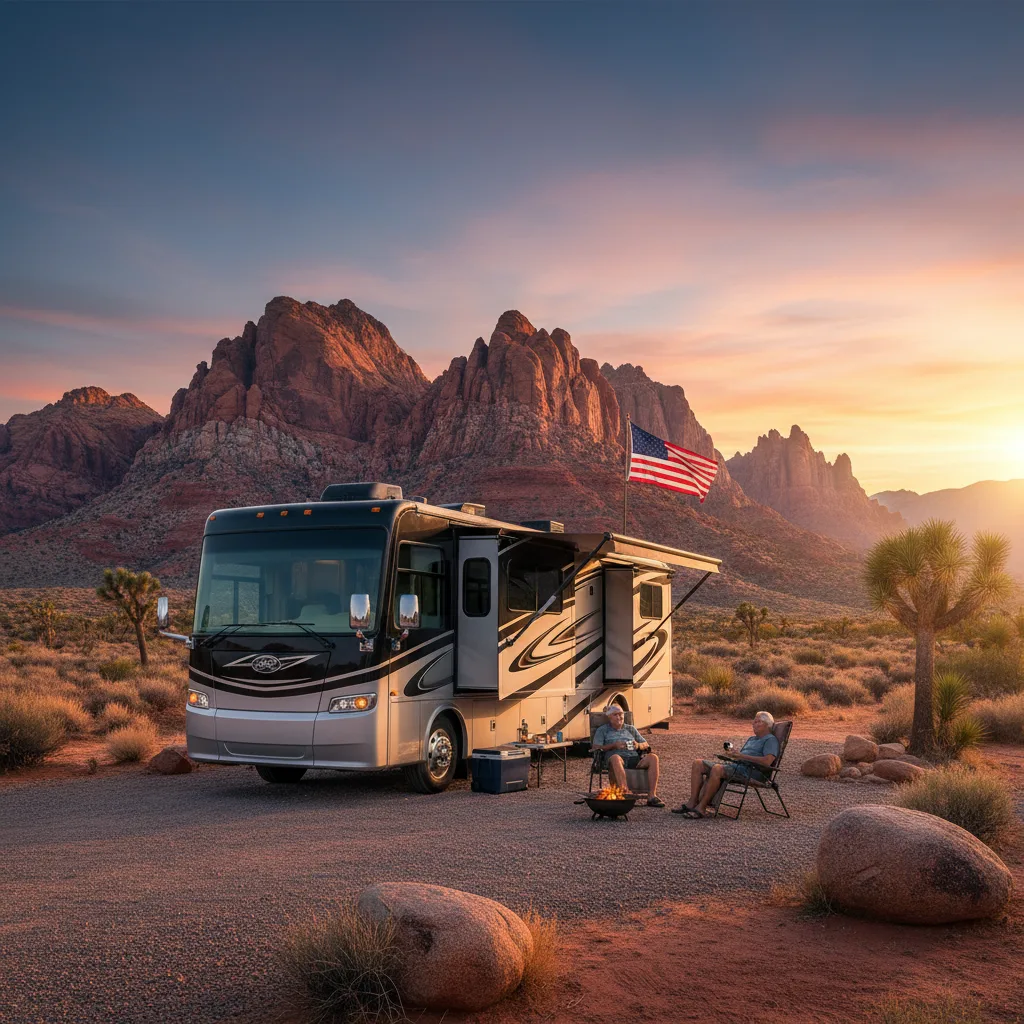 Luxury RV motorhome at scenic Nevada desert campsite