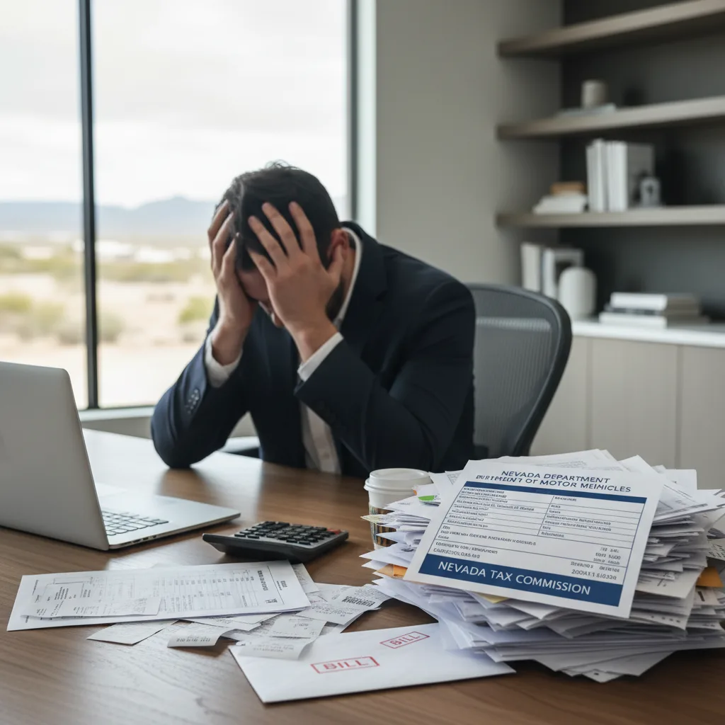 Stressed businessman calculating Nevada vehicle registration taxes