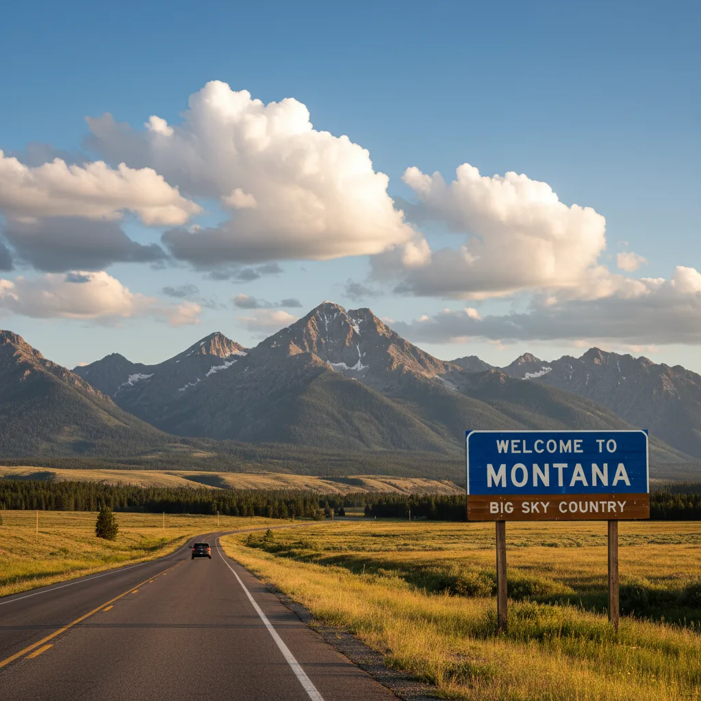 Welcome to Montana sign with Big Sky Country and mountain landscape