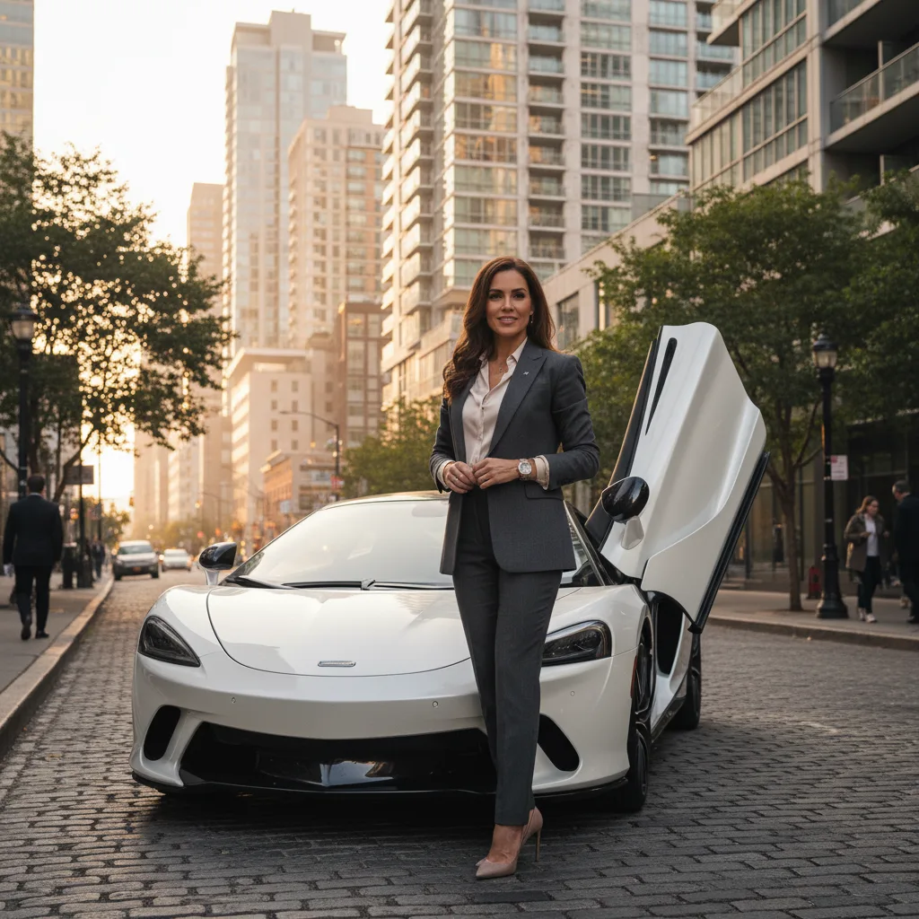 Elena Wall Street trader with McLaren GT supercar in Manhattan