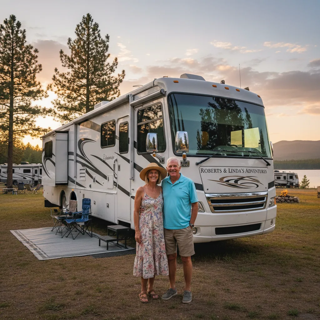 Roberts and Linda retired couple with Class A Diesel Pusher RV motorhome