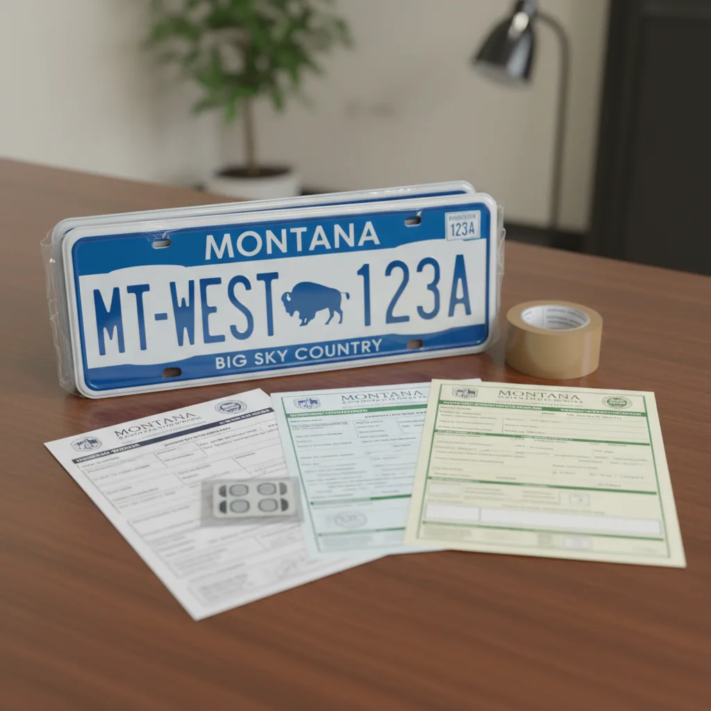 Montana license plates with registration documents ready for shipping