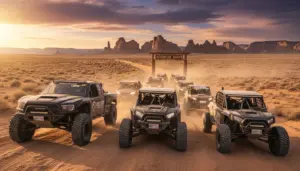 Off-road vehicles with Montana plates lined up at desert trail entrance