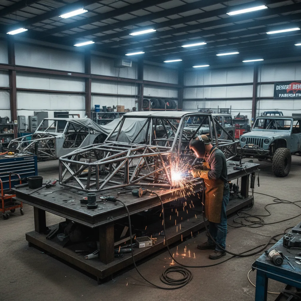 Inside professional off-road fabrication shop with welder working on trophy truck chassis