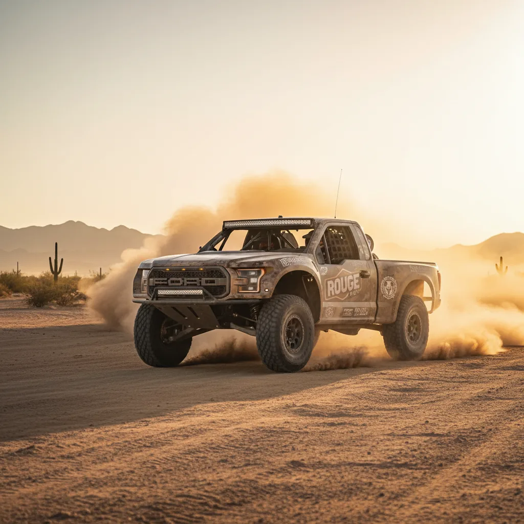 Trophy truck pre-runner racing through desert at high speed with dust cloud