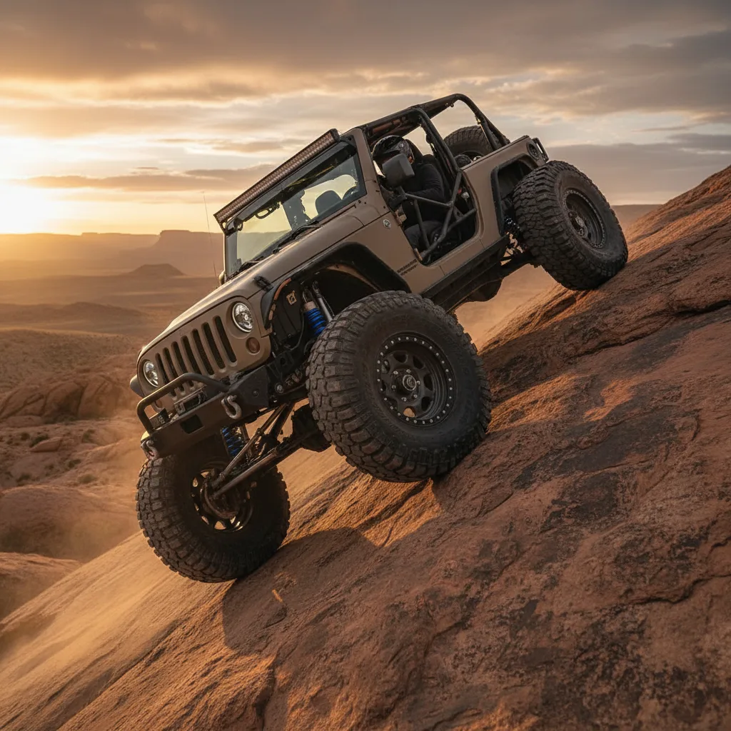 Heavily modified Jeep Wrangler rock crawler climbing granite rocks in Moab Utah