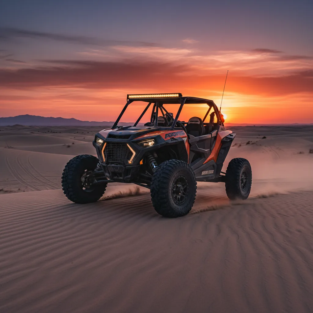 Polaris RZR Pro R UTV side-by-side on sand dunes at sunset