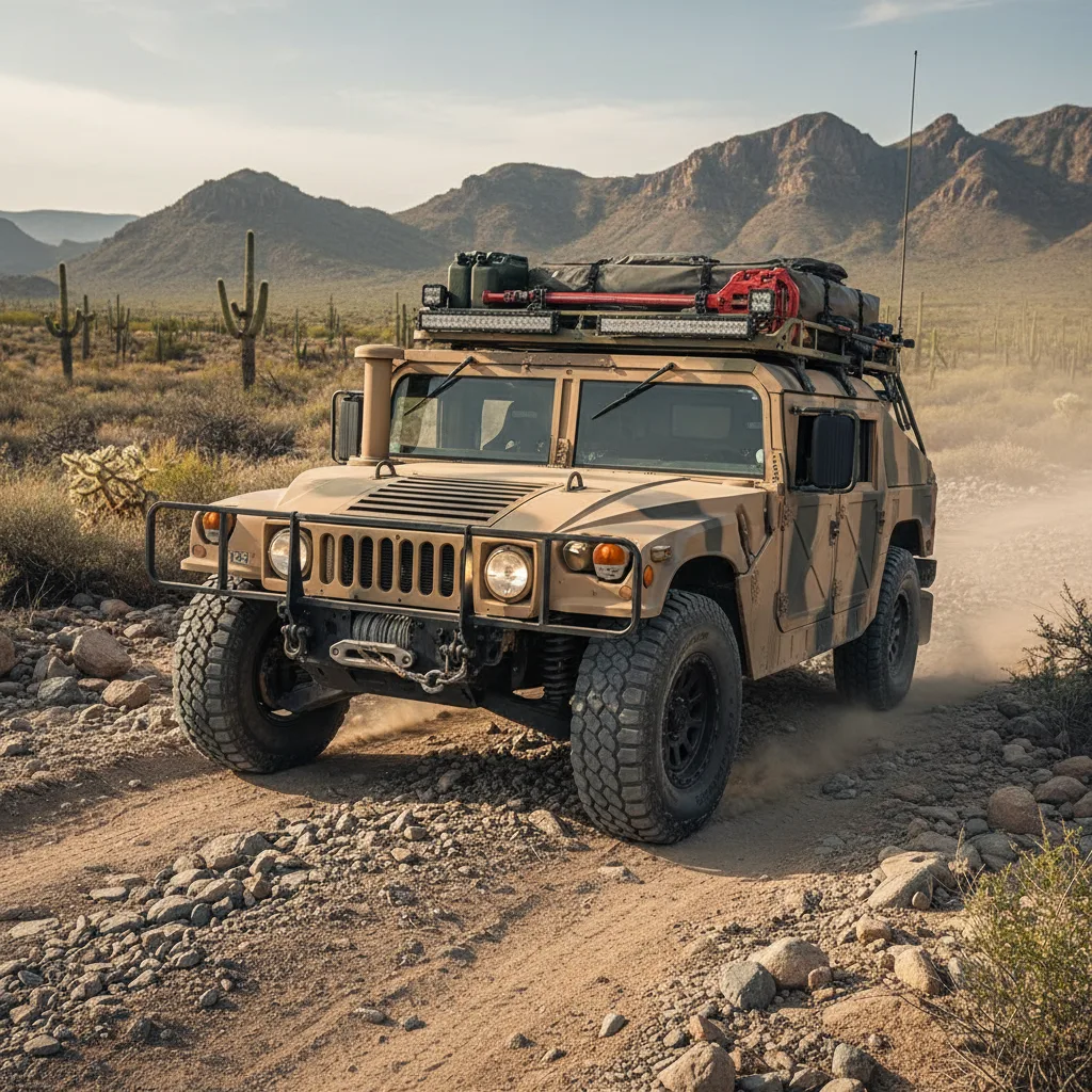 Military surplus Humvee HMMWV converted for civilian off-road use on dirt trail
