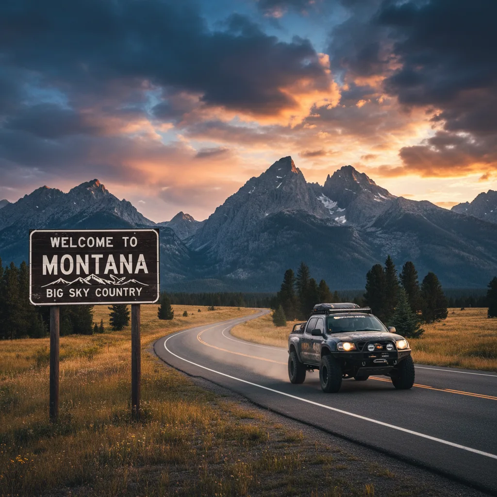 Welcome to Montana sign with modified off-road truck driving past on open highway