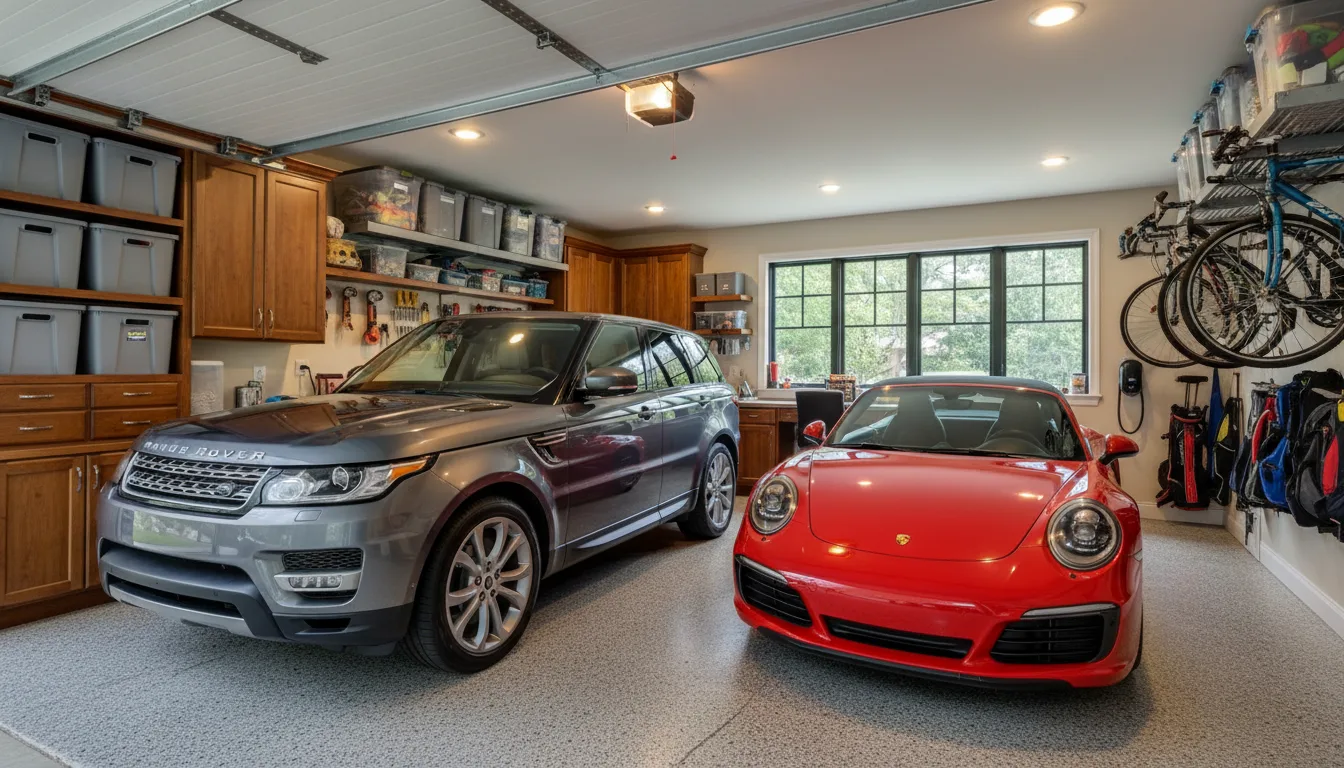 Two-car luxury garage with SUV and convertible in Cincinnati