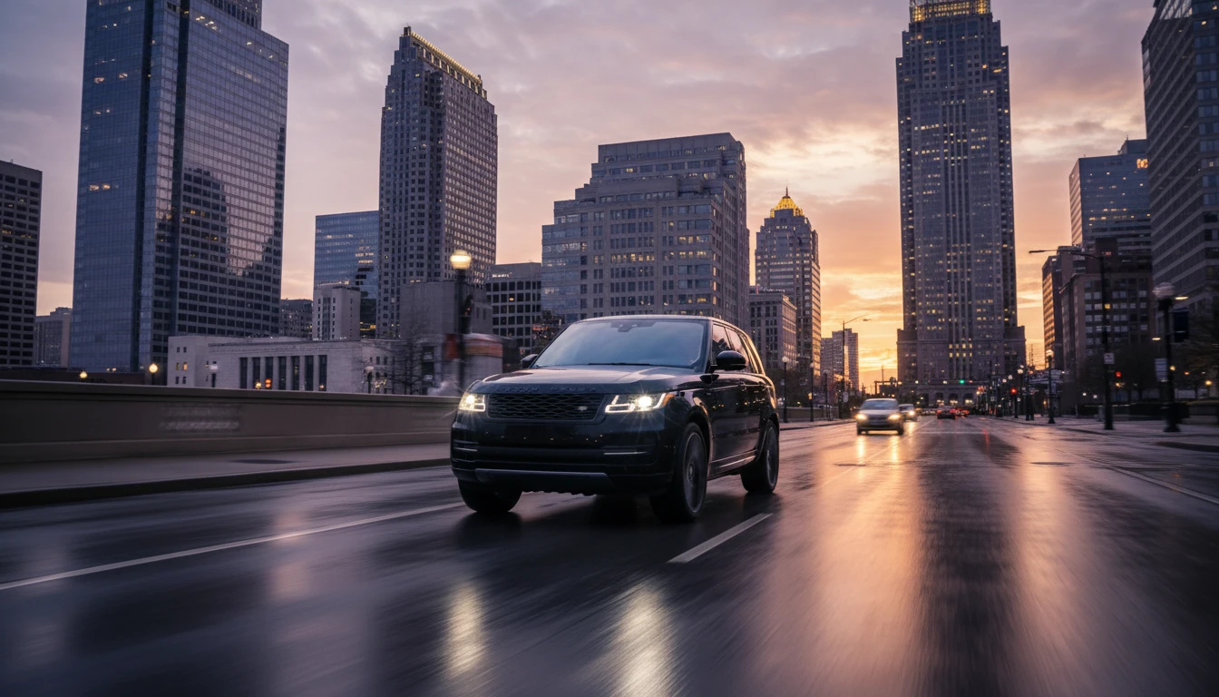 Luxury SUV driving through downtown Columbus Ohio skyline